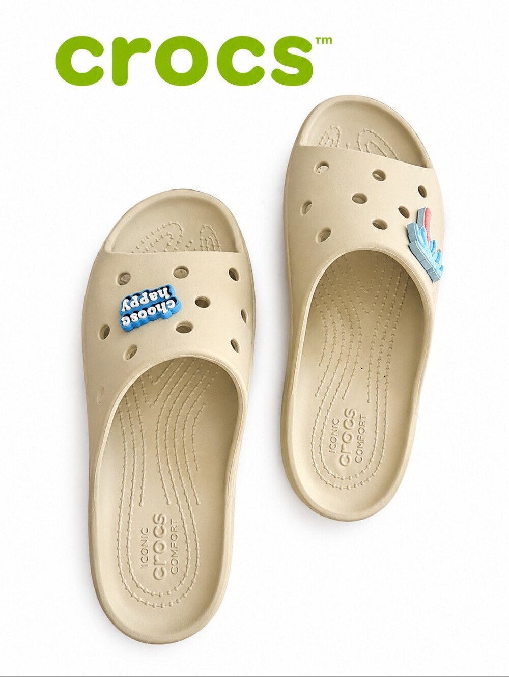 CROCS Beige Slide Clogs with Blue Charm Accents